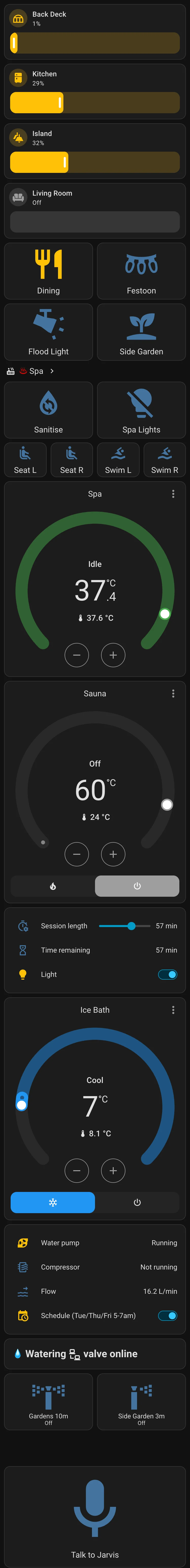 Back-door panel: deck, kitchen, island and living room light sliders, dining, festoon, flood and garden light buttons, spa sanitise, lights and four jet buttons, spa at 37.4 °C, sauna set to 60 °C with session timer, ice bath cooling to 7 °C with flow 16.2 L/min, garden watering buttons, and a Talk to Jarvis button